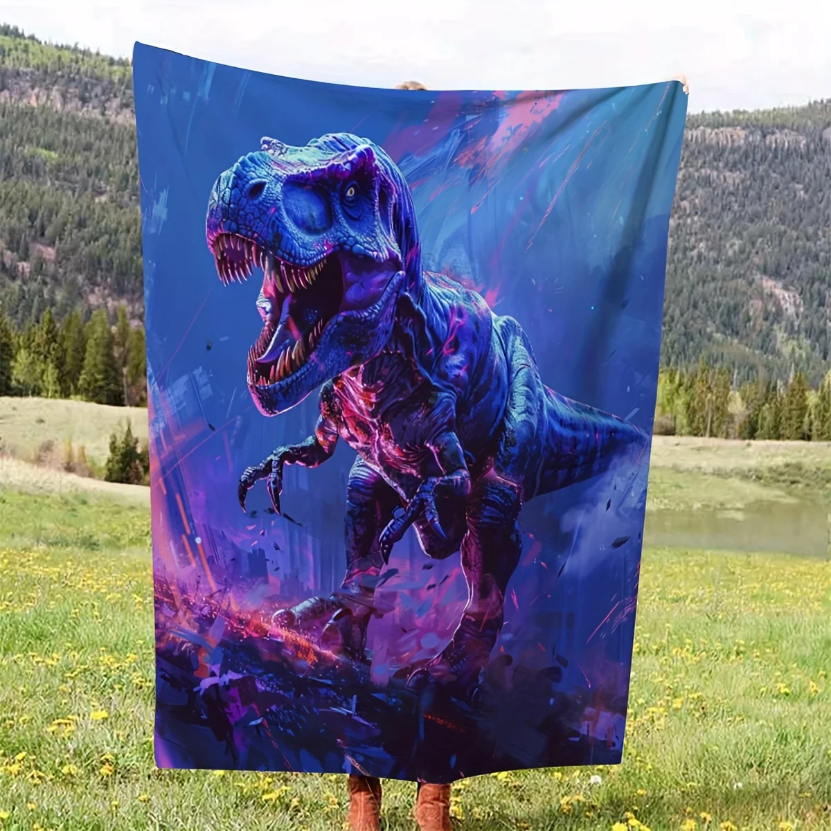 Neon T-Rex Dinosaur Blanket Cyberpunk Veloci Raptor Fleece Throw Soft Warm Bedding Sofa Cover Home Decor Gift