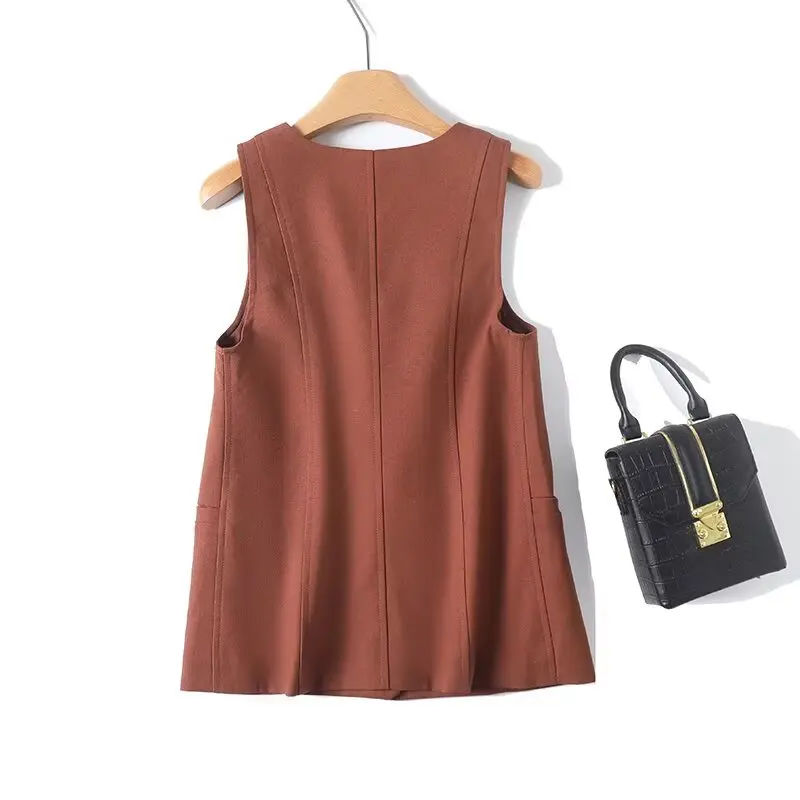 Maxdutti Minimalist Single-breasted Vest French Country Lazy Cotton And Linen Brown Vest For Women Sleeveless Suits Tank Top