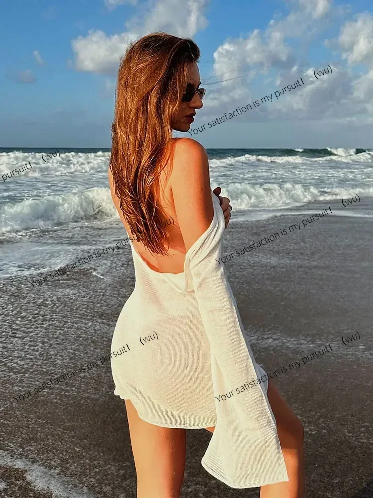 Sommer-Minikleid für Damen am Meer, solides Strick-Minikleid, 2025, sexy, rückenfrei, Glockenärmel, durchsichtig, kurzes Kleid, Strand-Badeanzug, Vertuschung, K98