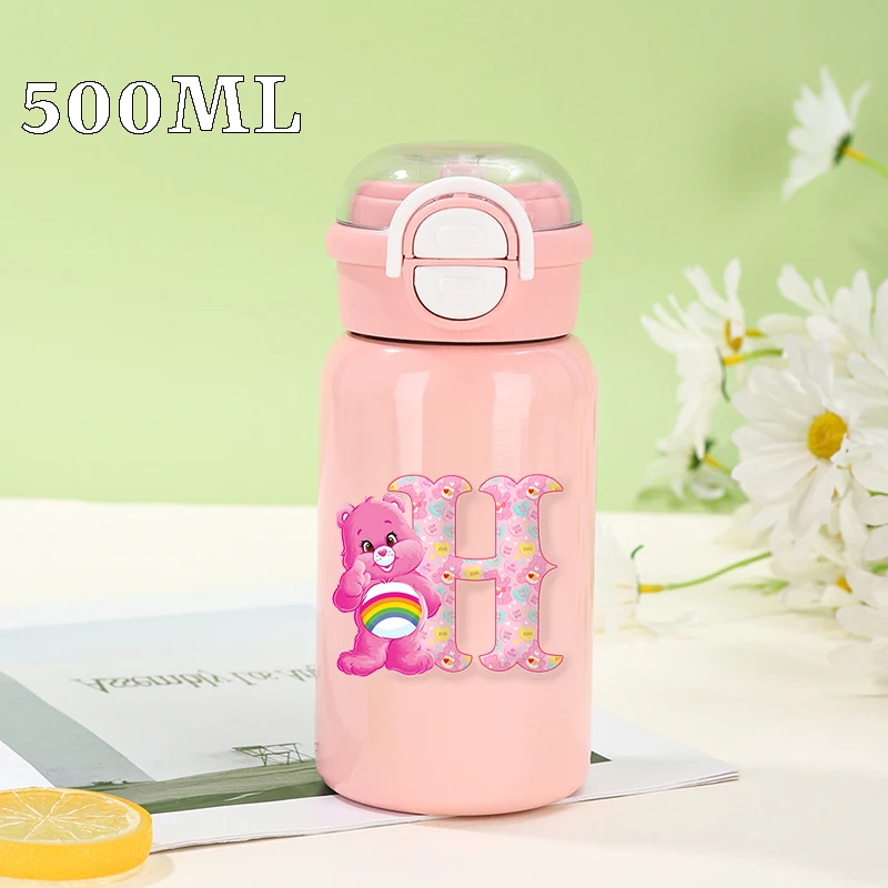 Care Bears Isolier-Wasserflasche, Kawaii Anime, 26 Buchstaben, bedruckt, Wasserbecher, tragbar, auslaufsicher, Sportflaschen, Trinkbecher, Geschenk
