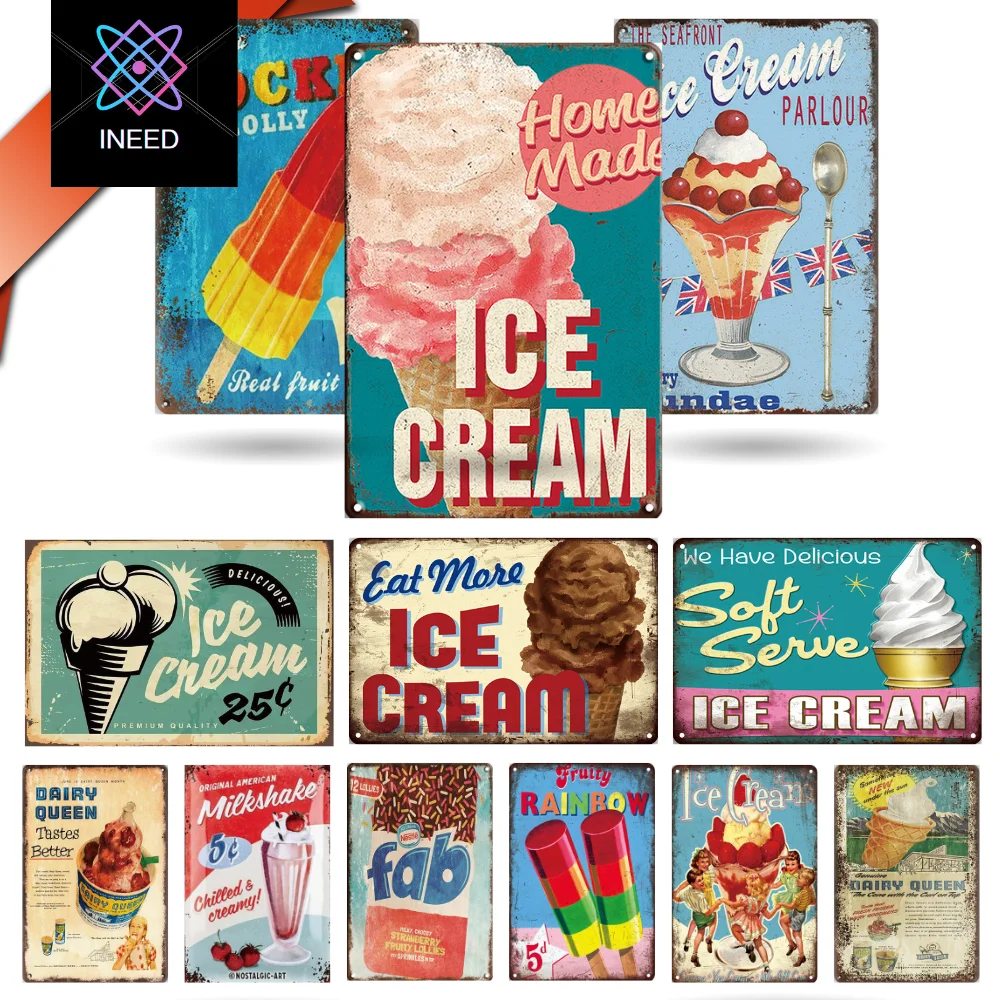

【INEED】Funny Ice Cream Metal Tin Sign Sweet and Delicious Vintage Plaque Poster Plate Wall Decor for Home Juice Cold Drink Shop