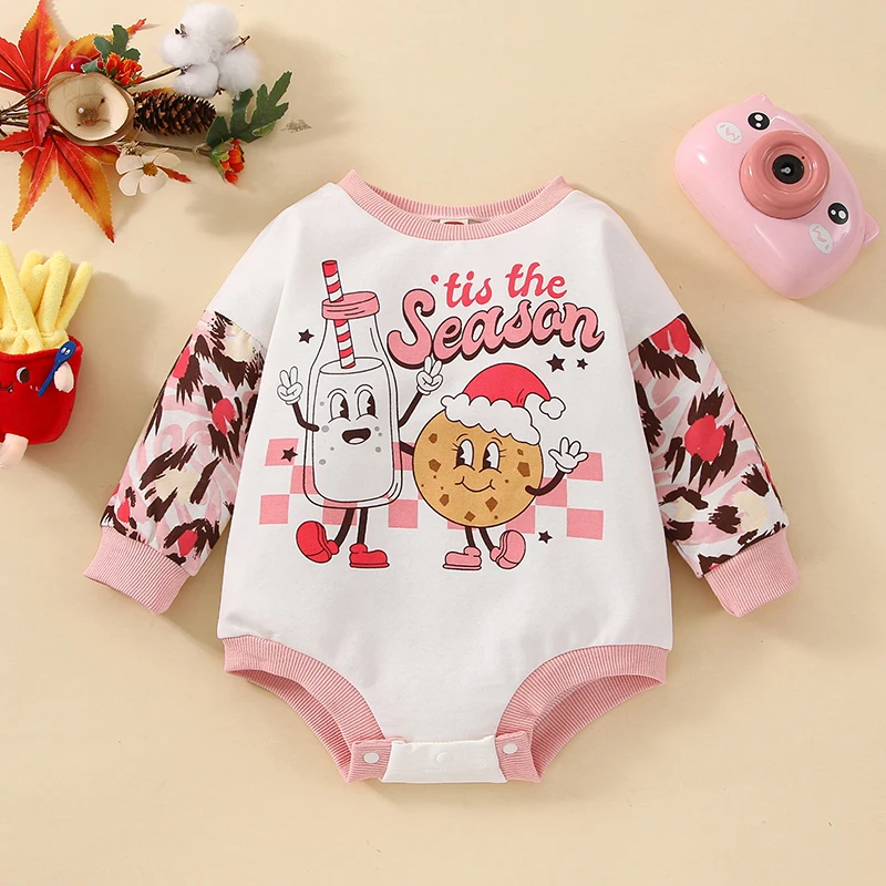 

Infant Girls Fall Fashionable Jumpsuit with Long Sleeves Round Neck and Stylish Patchwork Design Featuring Letters Biscuit