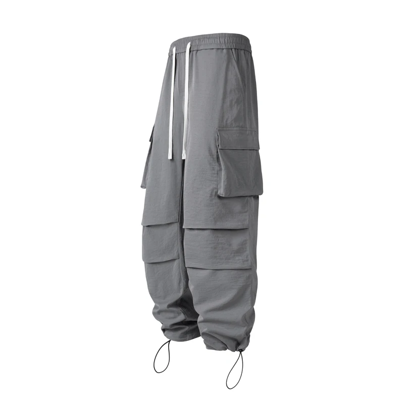 Men's Sports Leisure Multi-Functional Big Pocket Pants New Drawstring Adjustable Bunched Feet Flat Foot Jogging Trend Pants