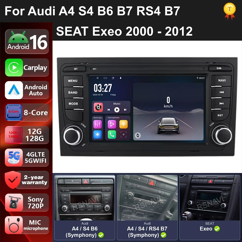 Car Radio Android 16 For Audi A4 S4 B6 B7 RS4 B7 SEAT Exeo 2000-2012 Carplay Android auto DSP BT RDS Autoradio Stereo Video GPS