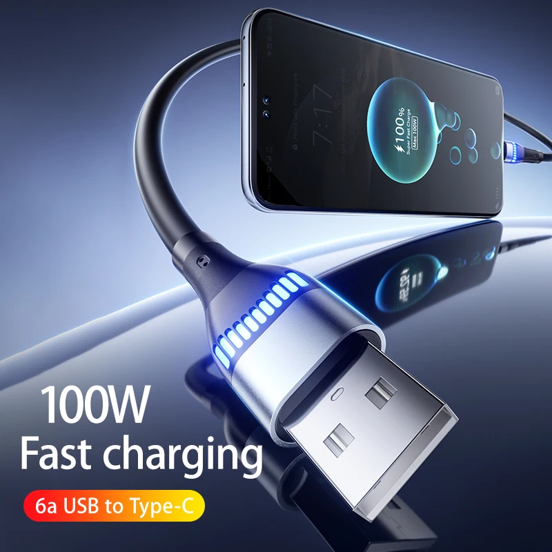 USB Typc C 100W 6A Fast Charging Data Cable Indicator light For Samsung S24  Xiaomi 13 Huawei Android Phone USB C Data Transfer