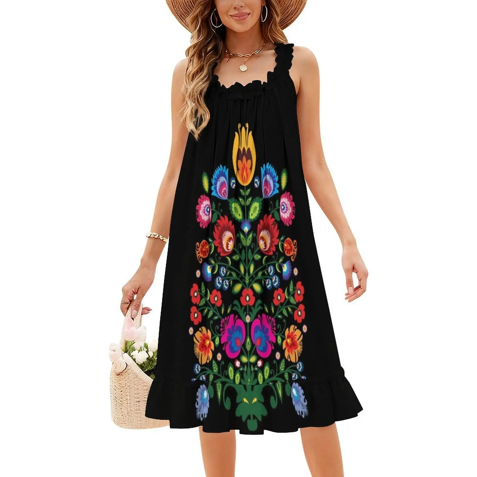 آخر.... فستان قصير بتصميم شعبي مع زهور على طراز Preppy للنساء على شكل حرف A فضفاض مناسب فستان يوم كاجوال شعبي بولندي #4