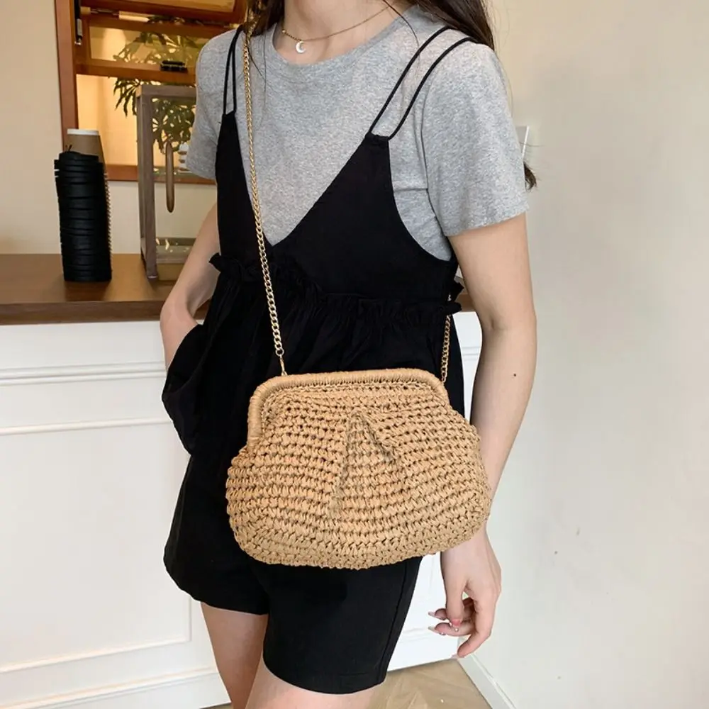 Retro Bohemian Shell-shaped Weave Bag Chain Strap Large Capacity Straw Shoulder Bag Hollowed Out Handbag Beach Bag Travel