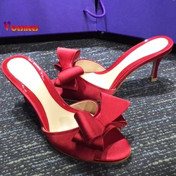 Sweet Mule Women Slippe Silk Butterfly Knot Mules Slip-on Kitten Heels Slippers Satin Dress Causal Outdoor Sandals Shoes femme