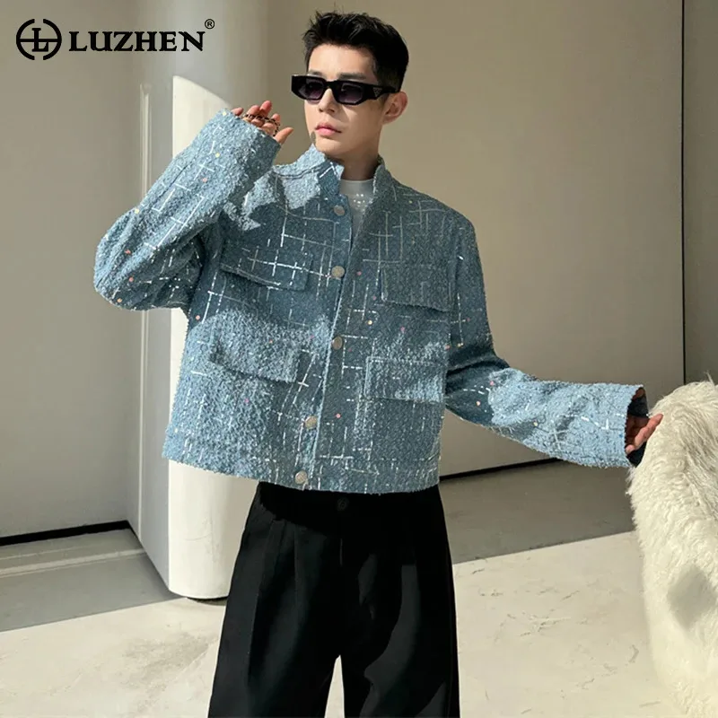 LUZHEN Pockets Decorate Short Jacket Men\'s Fashion Street Wear 2024 New Korean Trendy Outerwear Stripe Stand Collar Coat LZ1460