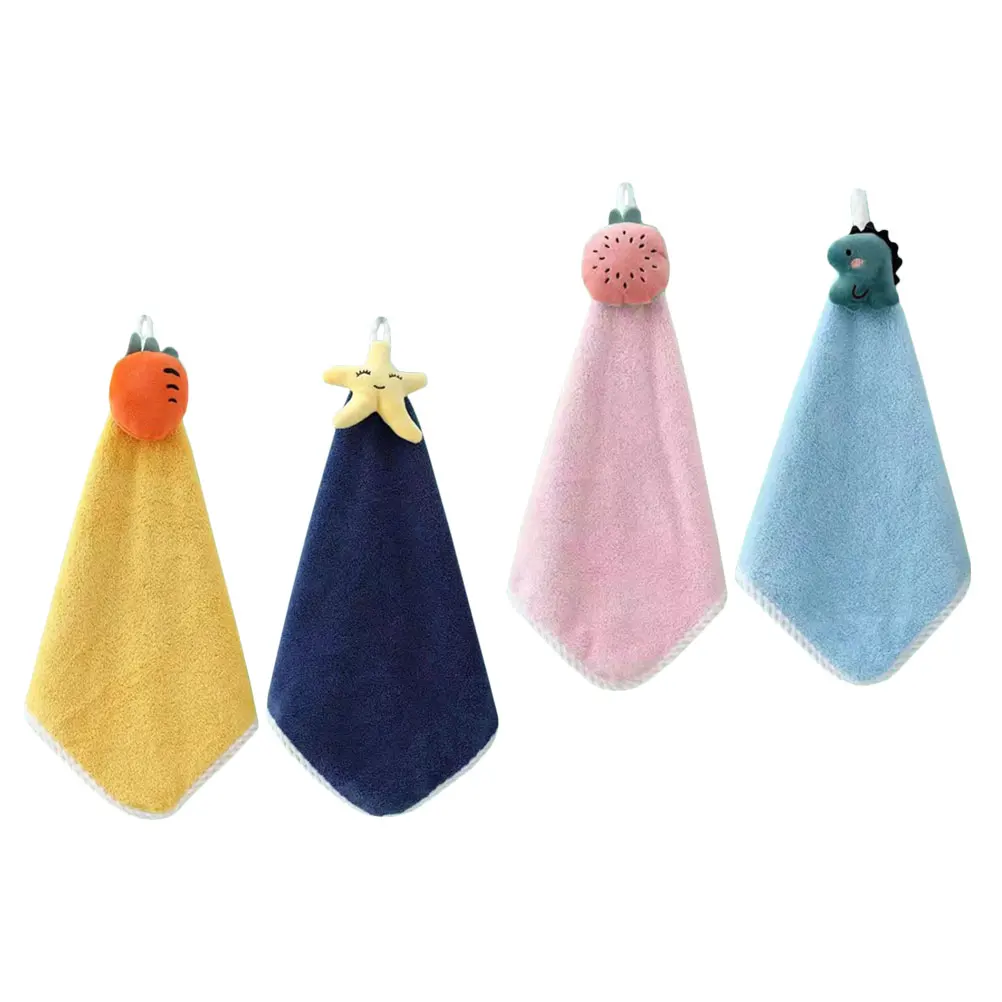 

4pcs Coral Fleece Hand Towels Absorbent Quick Dry Kitchen Bath Towel Set Cartoon Design Hanging Cloth for Home Decor