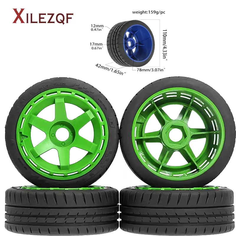 XILEZQF 4Pcs 110mm RC Rally Off-Road Buggy Tires Wheels 1/7 1/8 17mm Hex for KM WRC Citroen C3 MJX Hyper Go 7303 7304 FS