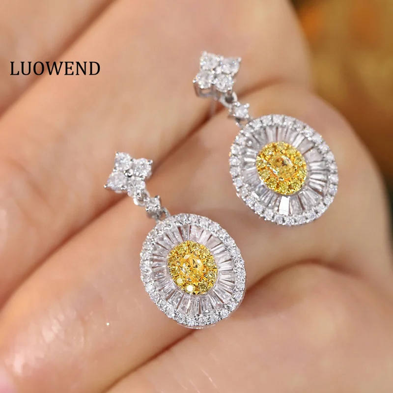 

LUOWEND 18K White Gold Earrings Luxury Oval Design Real Natural Yellow Diamond Drop Earrings for Women High Party Jewelry