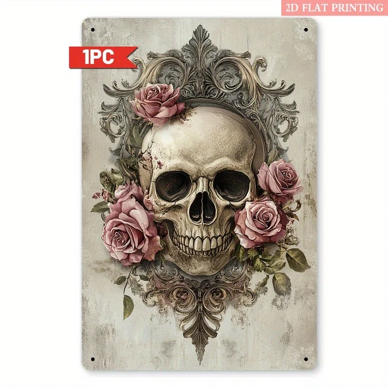 2D Flat, Gothic Skull with Rose Metal Wall Art Sign - 8x12 Inch Vintage Iron Decor for Man Cave, Office, Living Room - Elegant P