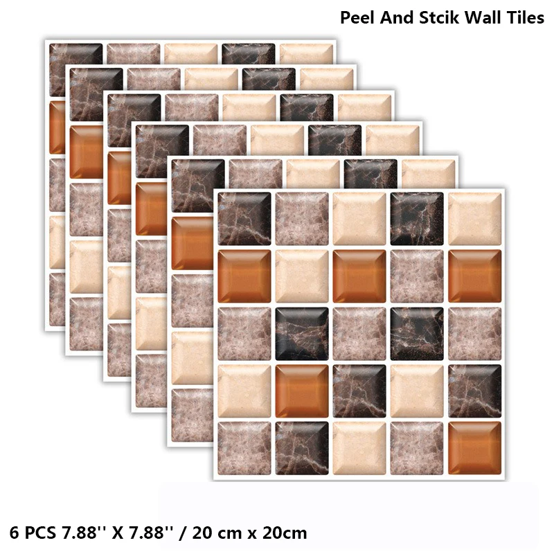 6 Pcs Kitchen Backsplash Stick Tiles, Waterproof Bathroom Wall Tiles, Peel And Stick Floor Tiles