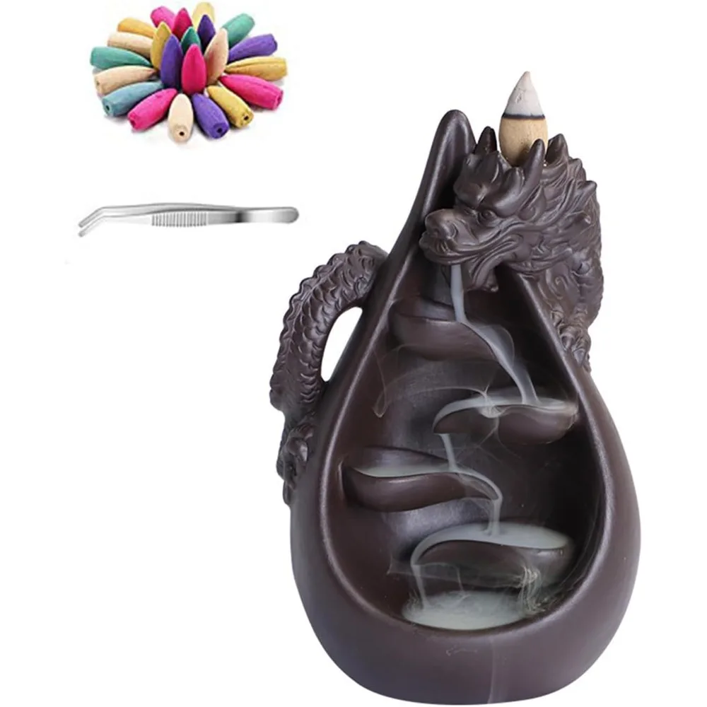 

Ceramic Waterfall Backflow Incense Burner Set with 45 Cones - Dripping Water Dragon Statue - Aromatherapy Decor for Yoga, Medita
