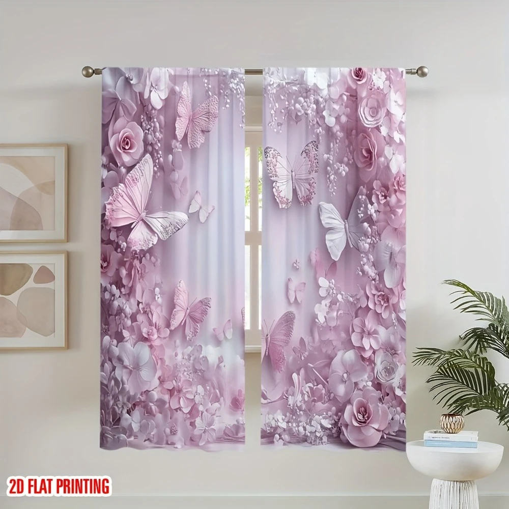 2 Pcs 2D Butterfly & Pink Daisy Sheer Curtains – Spring Party & Holiday Decor for Home
