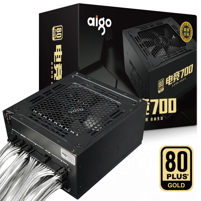 Imagem -04 - Aigo-pc Fonte de Alimentação de Computador 80plus Ouro Rated 100240v Módulo Completo Jogos Ativos Psu Atx 12v Pfc 24pin 14cm Fan For Btc 700w