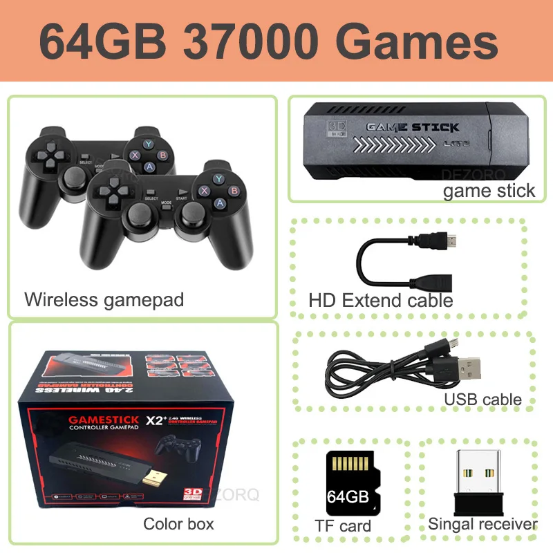 64G X2Plus Retro Video Game Console 4K HD 3D Gaming Stick Wireless Controller Built in 30+Simulators 30000+Games PS1/N64 Gift
