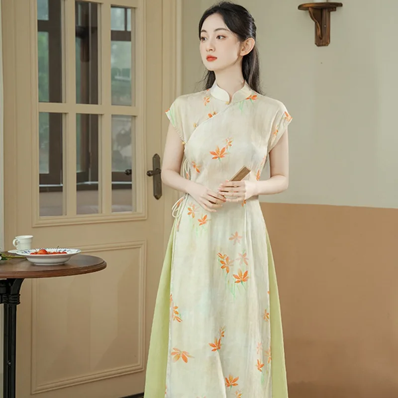 

Traditional Chinese Print Flower Dress Clothing Classical Elegant Female Long Qipao Vintgae Mandarin Collar Champagne Vestidos