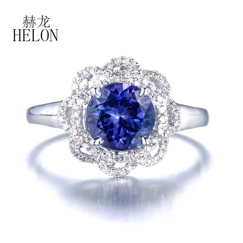 HELON Solid 14k White Gold Round 7mm Genuine Tanzanite Diamonds Engagement Ring Women Wedding Band Anniversary Bridal Gift