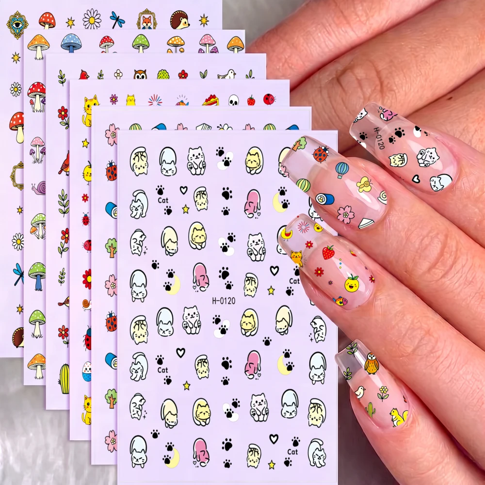 6pcs Cute Cartoon Nail Art Stickers Mushroom Cat Owl Cactus Nail Decals Waterproof for Women Girls DIY Manicure Salon Decoration