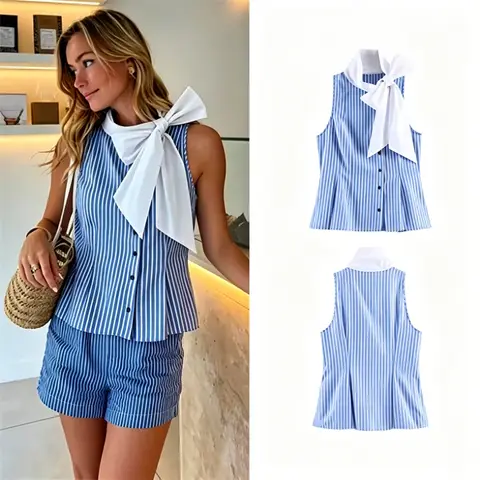 2026 Blue White Striped Sleeveless Blouse Women Bow Neck Slim Fit Button Summer Vest Top