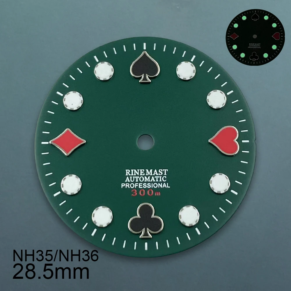Quadrante da poker con logo S da 28,5 mm adatto al movimento automatico giapponese NH35/NH36 verde luminoso accessori per la modifica dell'orologio di alta qualità