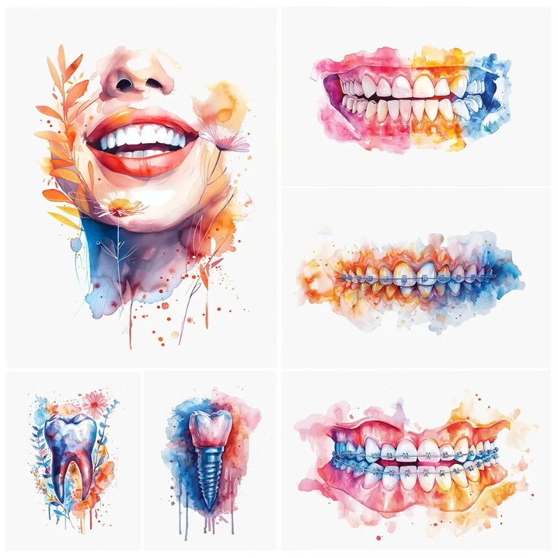 Dental Wall Art Watercolor Floral Tooth Anatomy Print Root Canal Treatment Painting Colorful Medical Office Decor Teeth Artwork