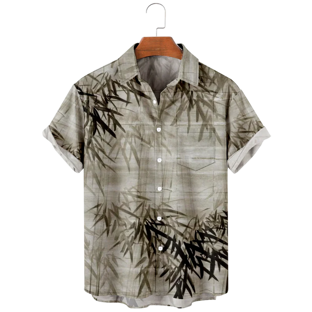 

Bamboo Print Men's Casual Short Sleeve Shirt, Men's Shirt For Summer Vacation Resort, Tops For Men, Gift For Men