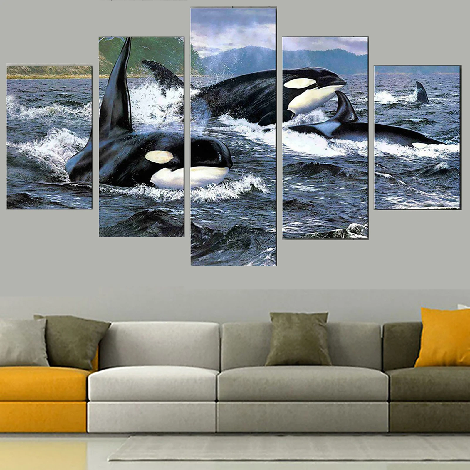 

Unframed 5 Pcs Orca Stration Killer Ocean Marine Whale Paintings Canvas Picture Wall Art Posters for Living Room Home Decor