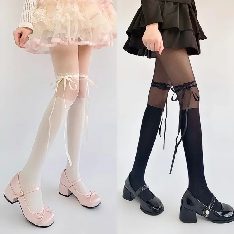 Lolita Cos Sweet Tights Women's Cute Silk Stockings with Bowknot Strapped Lace Splicing Anti-hook Silk Slimming Sheer Pantyhose