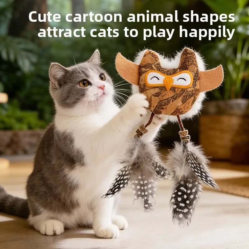 

2-Pack Natural Cork Catnip Toy Soft Plush Forest Animal with Feather & Rope Bite-Resistant for Self-Play