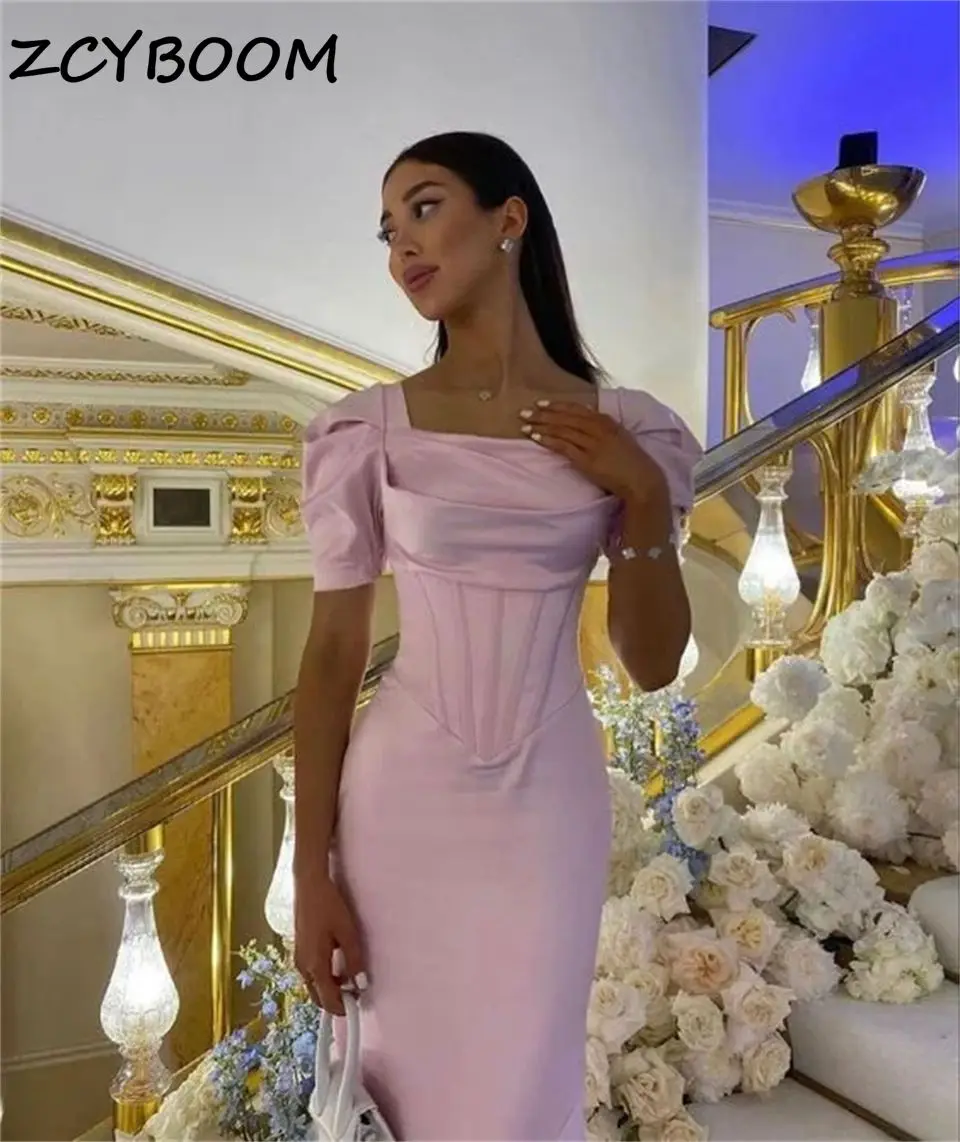 

Customized Squre Collar Puff Sleeves Lace Up BOW Satin Evening Dresses 2025 Formal Sweep Train Party Prom Dress Ball Gowns