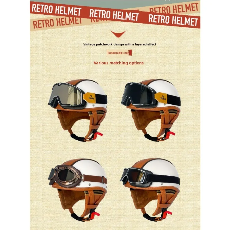 

Motorcycle Helmet Retro Splicing Design Suitable for All Seasons Scarf Detachable Outdoor Lightweight Breathable Leather Helmet