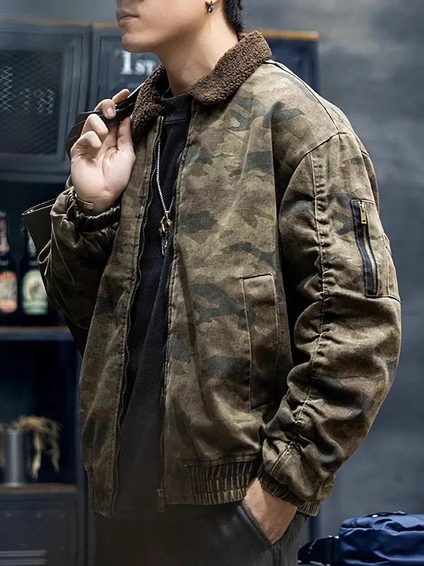 

Large Size American Particle Fleece Short Camouflage Cotton Jacket Men Winter New Style Retro Collar Jacket Men's Cotton Coat