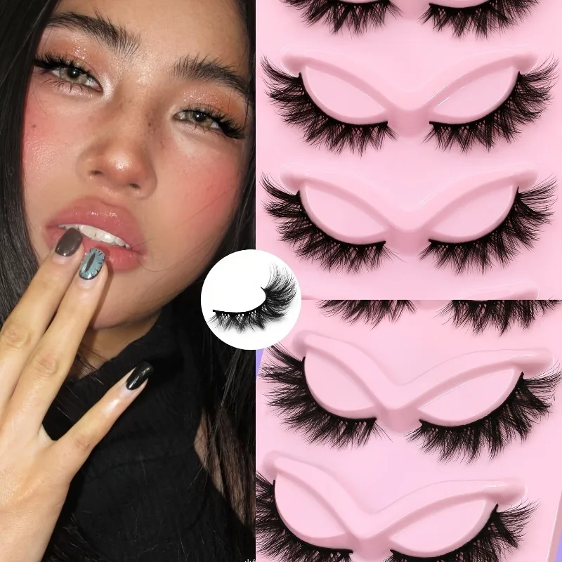 3D Faux Mink Cat Eye Lashes 5 Pairs, Fluffy Curled Fox Eye Eyelashes, Soft Comfortable Cross Thick False Lashes for Makeup
