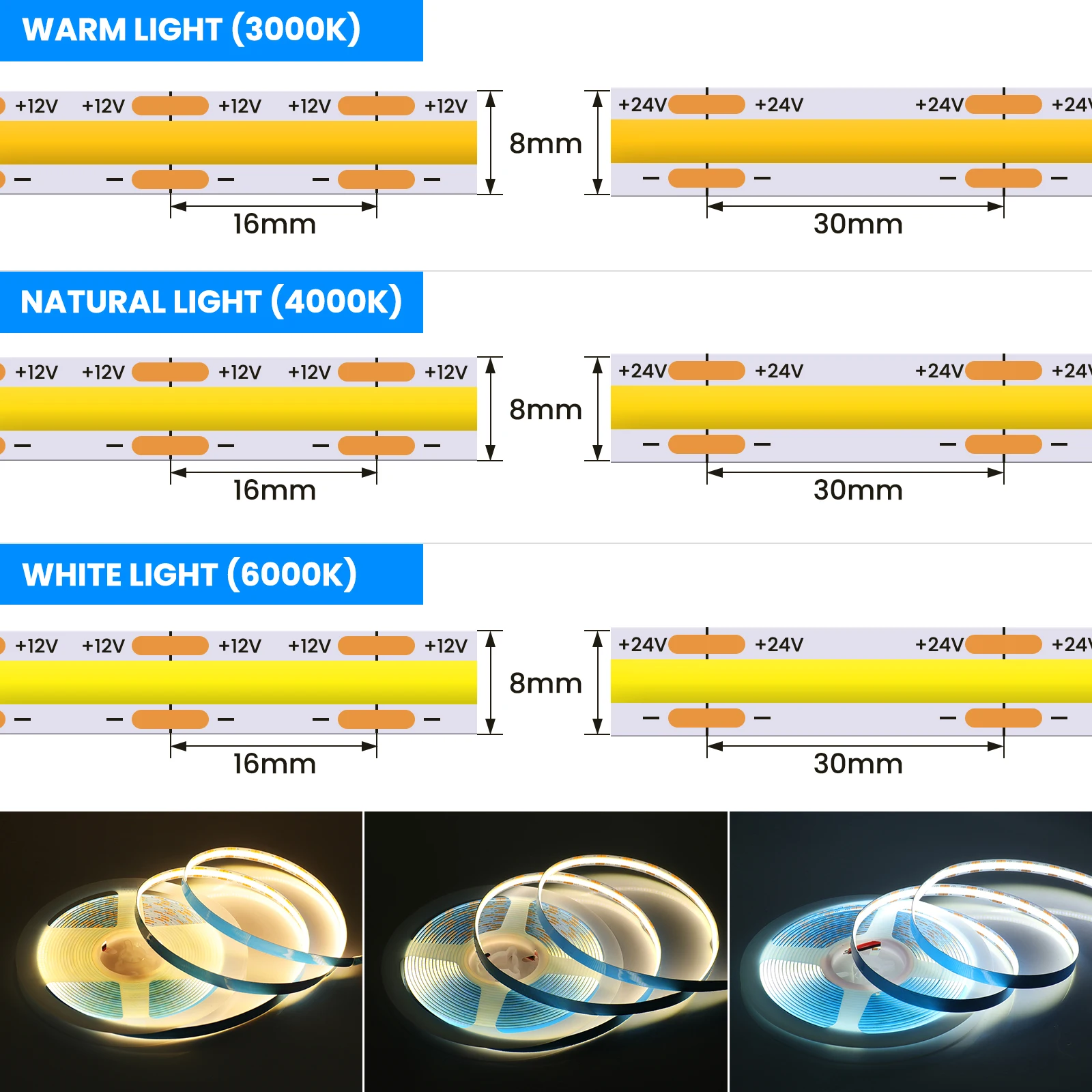 DC 12V 24V 528LEDs/M COB Streifen EU US Kit mit Netzteil Warm/Naturweiß IP20 Flexibles Bandseil LED-Licht 0,5M 5M 10M
