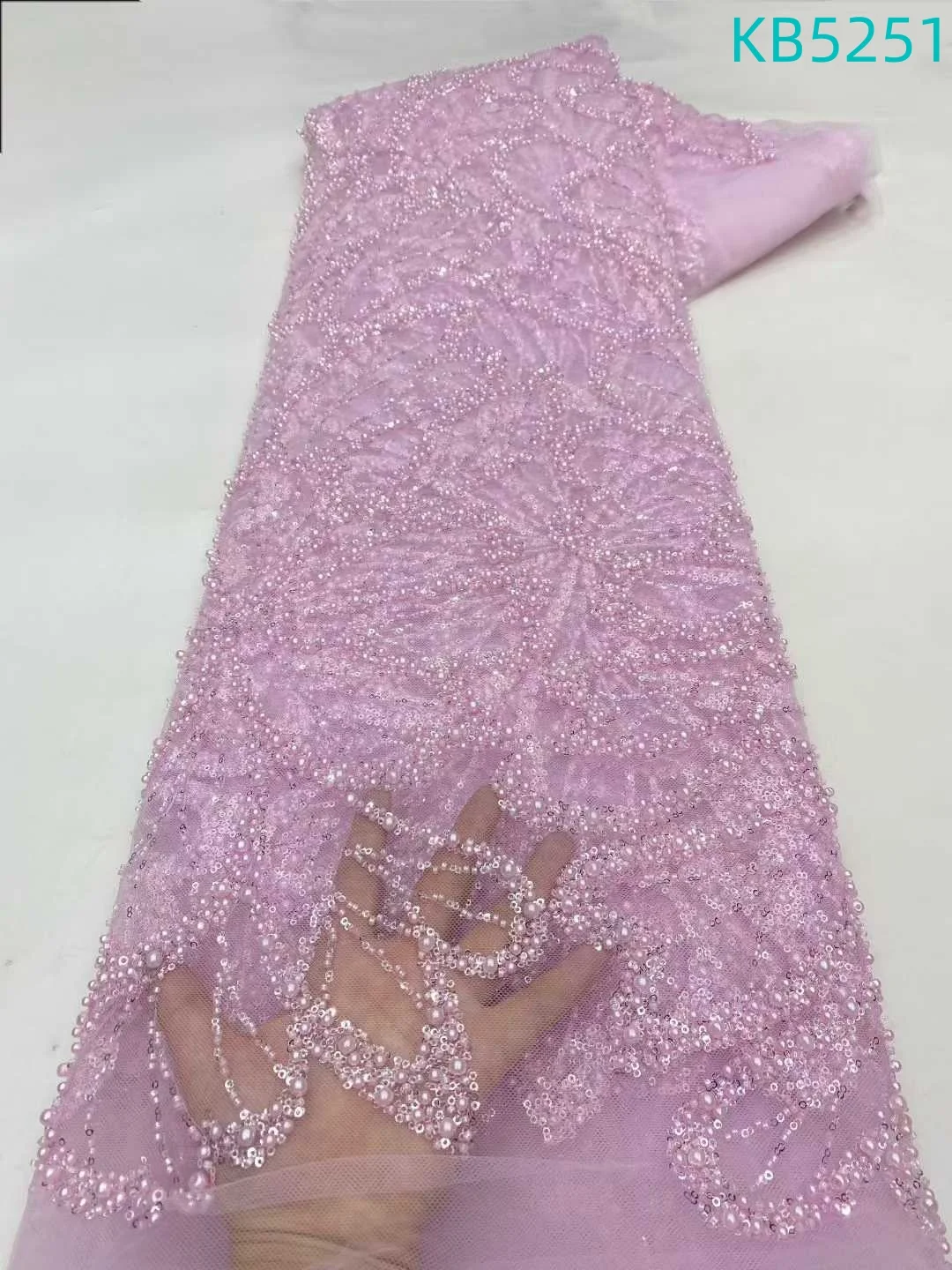 

African Fabric Lace High Quality 2025 Nigerian Beaded French Mesh Lace Pink Sequins Tulle Lace Embroidery For Sewing KB5251