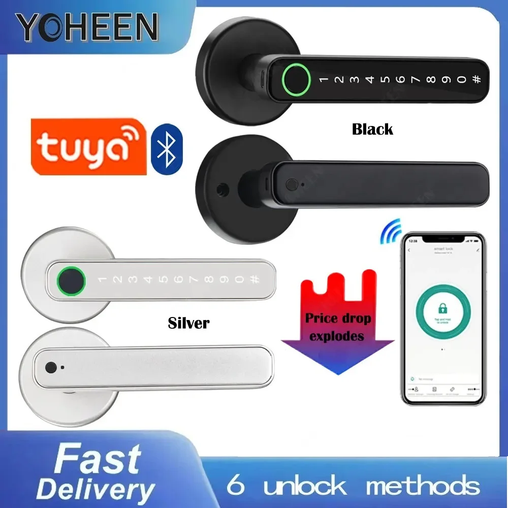 Tuya Digital Fingerprint Door Lock Electronic Lock with 60/70mm Latch Keys Smartlife/Tuya APP Remote Unlock