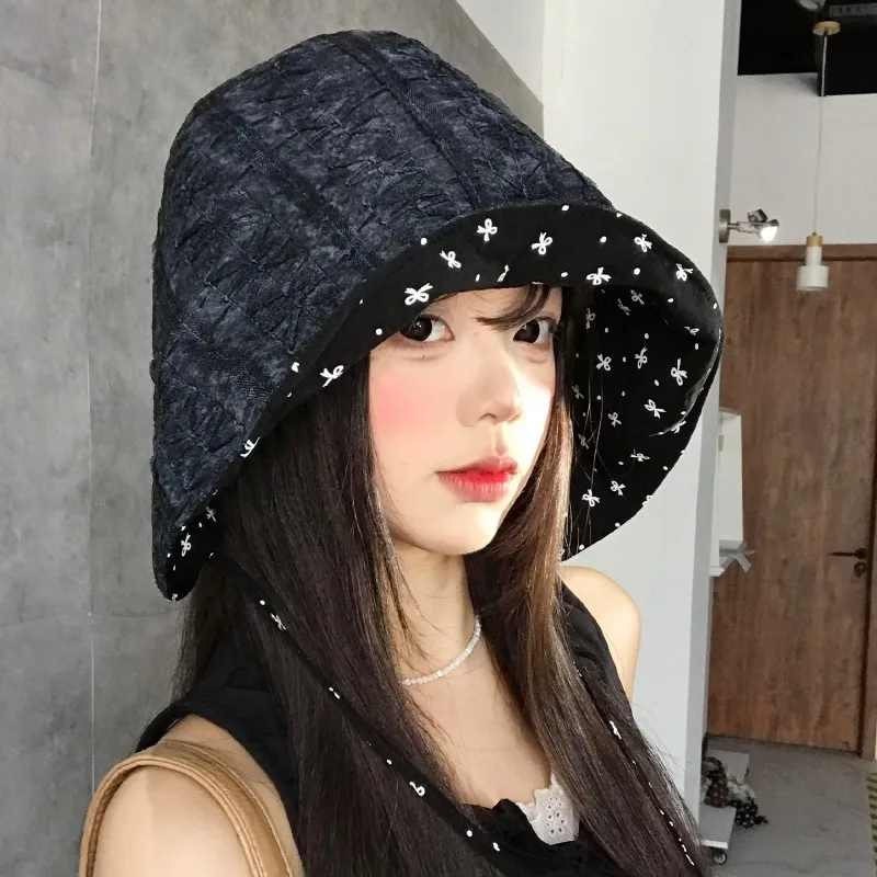 

Korean Reversible Polka Dot Bow Jacquard Pullover Sun Cap for Summer Sweet Foldable Sunshade Lace-up Bucket Hat for Women