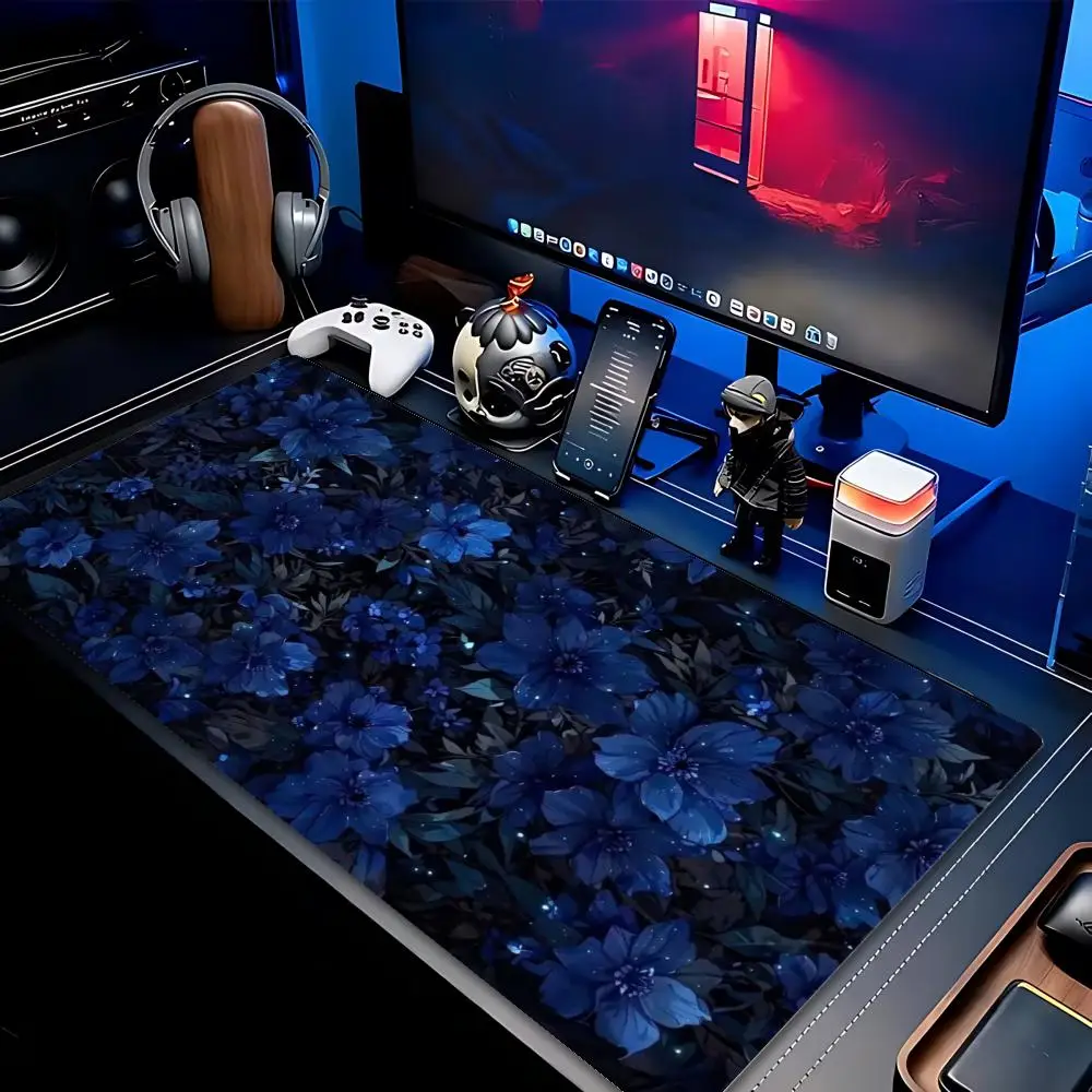 Vintage Floral Flower XXL Gaming Mouse Pad Non-Slip Rubber Overlocked Deskmat Daisy Blue Gold Botanical Keyboard Game Table Mats