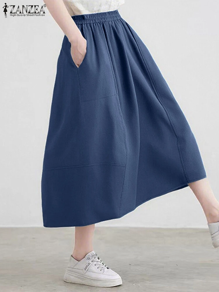 

ZANZEA Oversized Long Skirts Women Fashion High Waist Casual Loose Midi Skirt 2025 Summer Pockets Elastic Waist Vintage Trousers