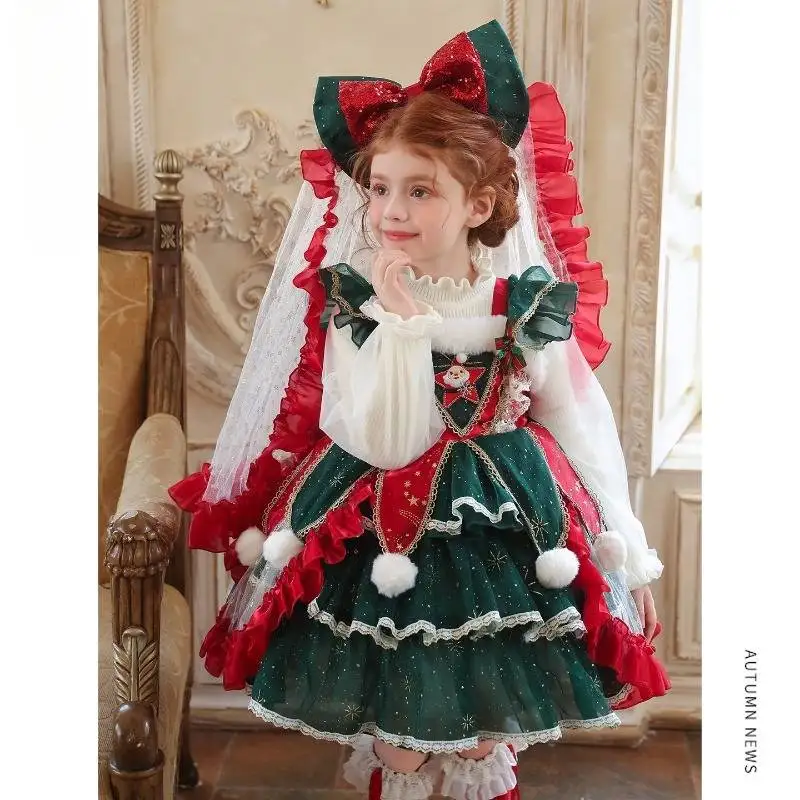 Rotes und grünes Weihnachts-Lolita-Kleid für Mädchen, langes Kleid mit Rüschen und Stufenrock aus Tüll, Prinzessinnenkostüm für Feiertage und Geburtstagsfeiern. – Detail 5