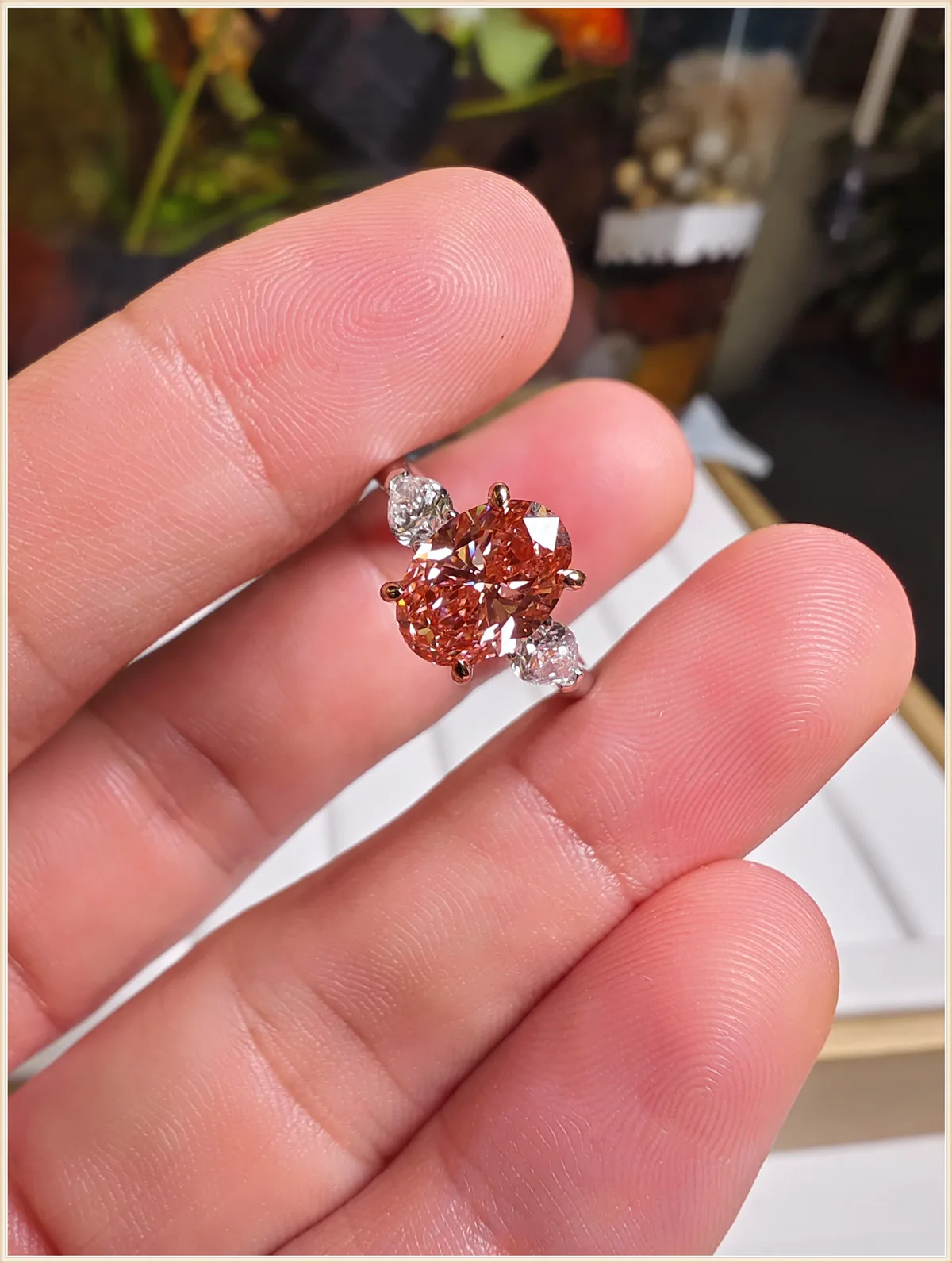 Platinum PT950 genuine gold 2-carat pink FIY triple-stone oval diamond ring custom-made ring for women, 18K gold custom-made who