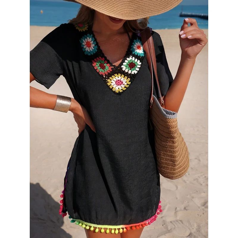 

Летнее пляжное платье-накидка в европейском и американском стиле, повседневное, сексуальное, разноцветное, ручной работы, с кисточками, из ткани с эффектом плетения.