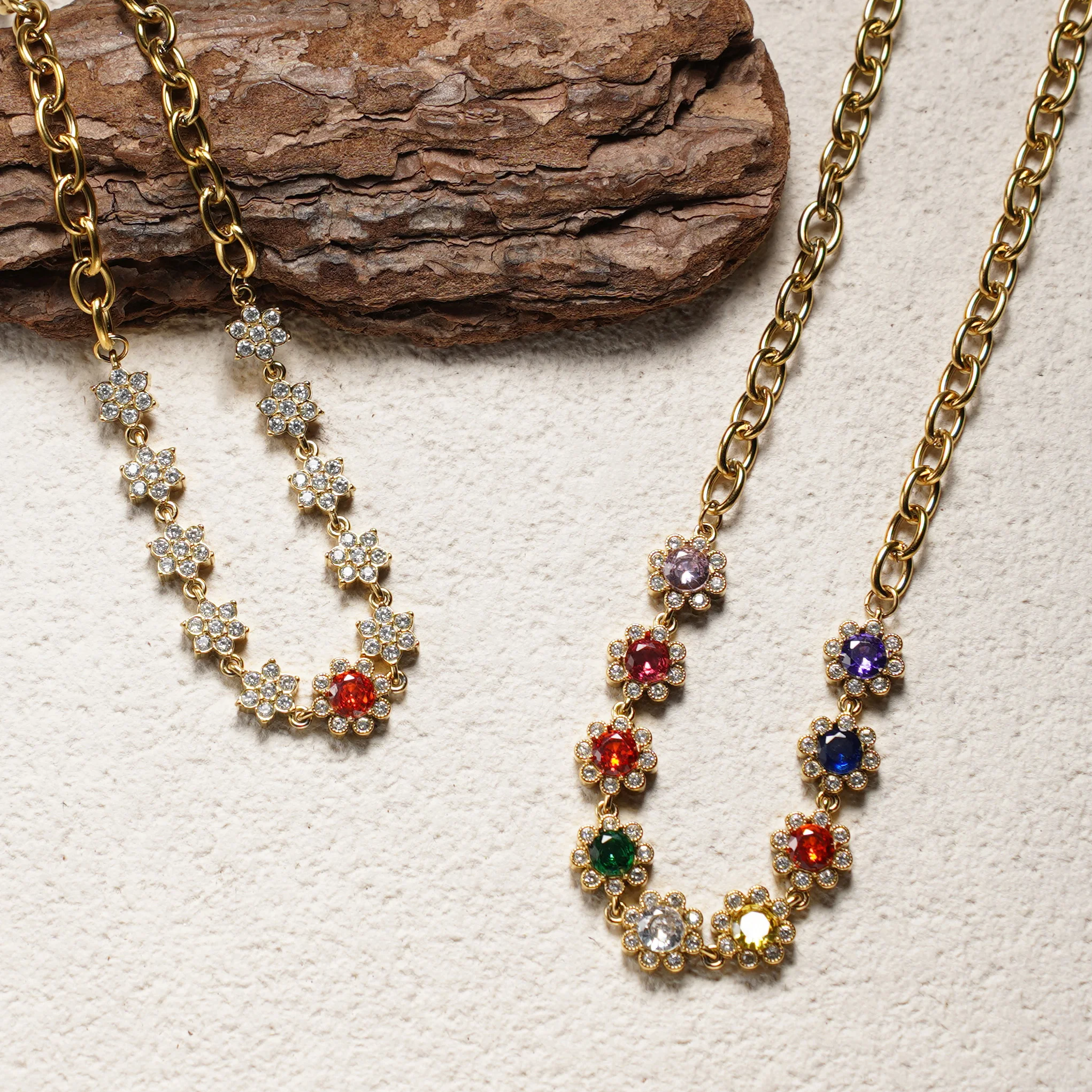 Women 18K Gold Plated Flower Zircon Choker, Waterproof 316L Stainless Steel Bohemian Jewelry