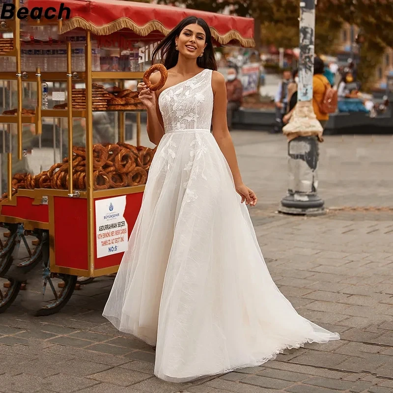 

Beach New A line Wedding Dress One Shoulder Elegant lace Applique Tulle Wedding Gown Bridal Gowns 2024 De Vestido De Novia