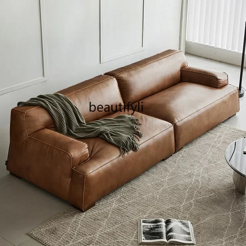 

YH8 Italian retro leather sofa small apartment living room three-person Damascus oil wax leather straight row sofa