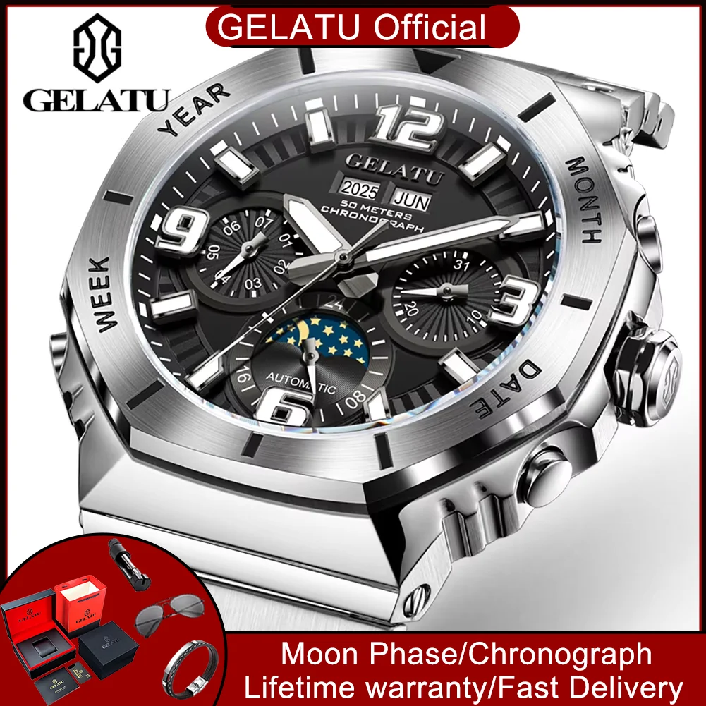 GELATU 6030 Automatic Man Watch Luxury Brand Original Moon Phase Dual Calendar Chronograph Waterproof Luminous Mechanical Watch