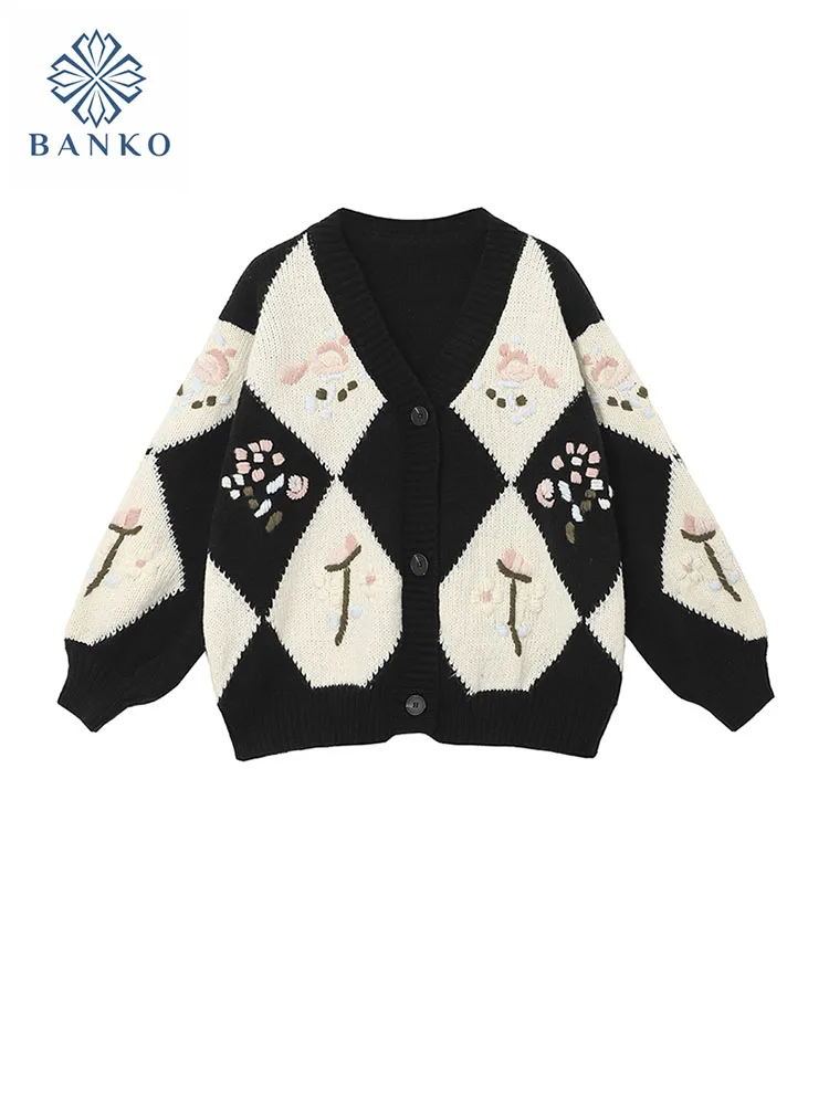 

Japanese Fashion Cardigans Single Breasted V-Neck Cozy Embroidery Flower Sweater Knitted Fashion Cashmere Top Casual New Design
